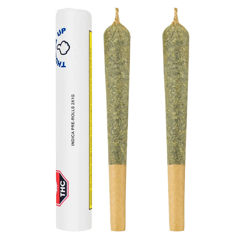 Front-facing image of two cone-shaped pre-rolls beside a white tube labeled Indica PR 1 x 2 g against a plain background.