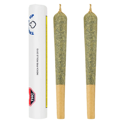 Front-facing image of two cone-shaped pre-rolls beside a white tube labeled Indica PR 1 x 2 g against a plain background.