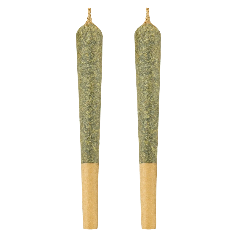 Two vertical pre-rolls photographed front-on against a white background, shown as identical pairs labeled Indica PR 1 x 2 g.