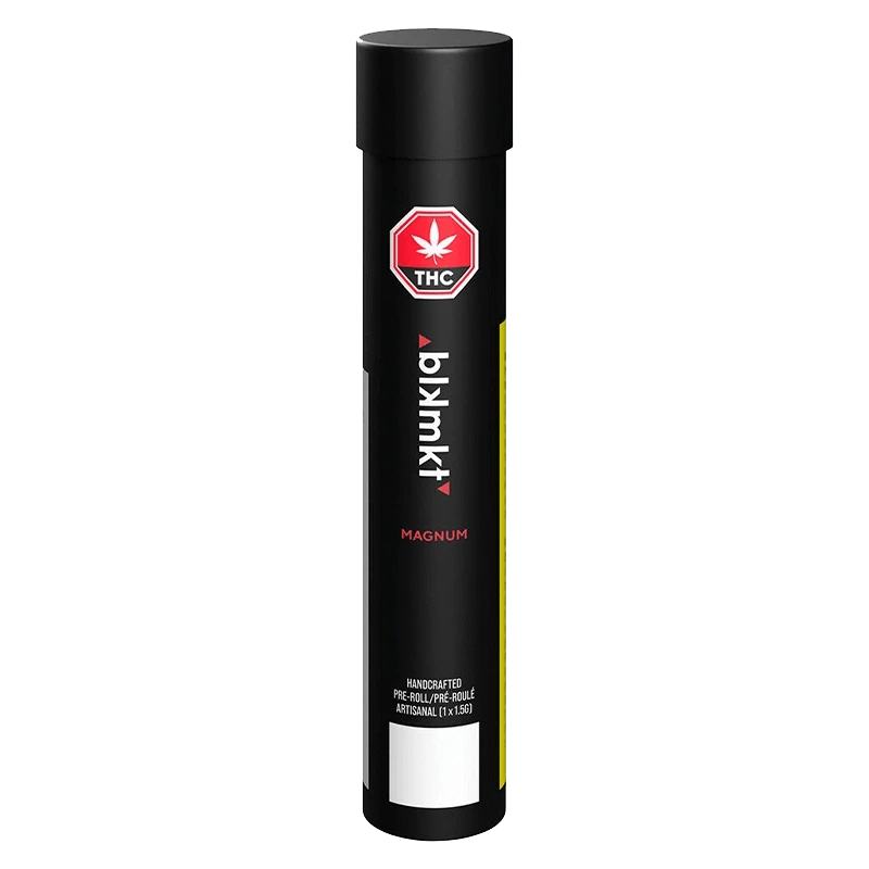 Tall front view of The Magnum PR 1 x 1.5 g black cylindrical tube standing upright with a red THC octagon logo near the top.