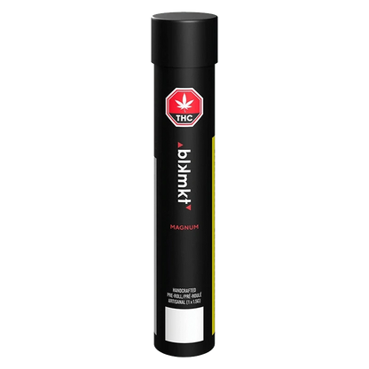 Tall front view of The Magnum PR 1 x 1.5 g black cylindrical tube standing upright with a red THC octagon logo near the top.