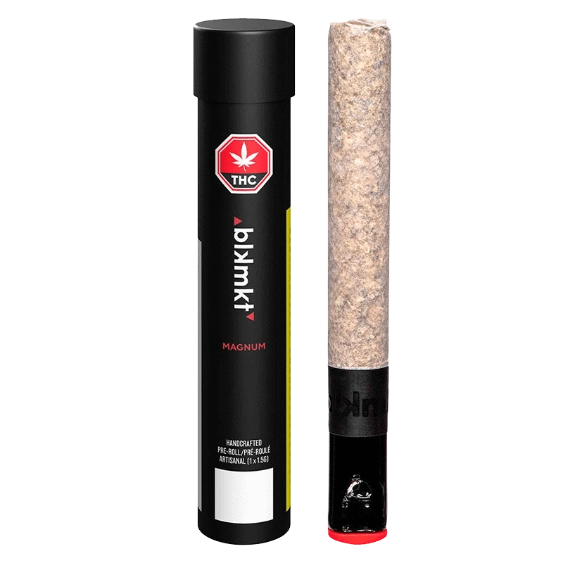 Front-facing image of The Magnum PR 1 x 1.5 g showing a black cylindrical tube with red THC emblem beside a rolled pre-roll standing upright.