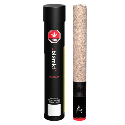 Front-facing image of The Magnum PR 1 x 1.5 g showing a black cylindrical tube with red THC emblem beside a rolled pre-roll standing upright.