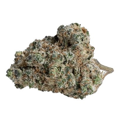 Close-up of a frosty nug photographed against a plain background, showing the textured surface of the Brain Cake.