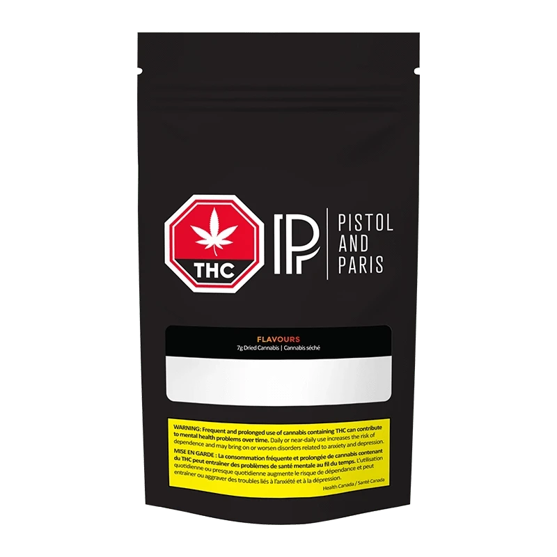 Front-facing pouch shot of the black "Flavours" package showing a red THC octagon and white Pistol and Paris logo on the upper half.