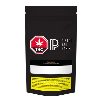 Front-facing pouch shot of the black "Flavours" package showing a red THC octagon and white Pistol and Paris logo on the upper half.