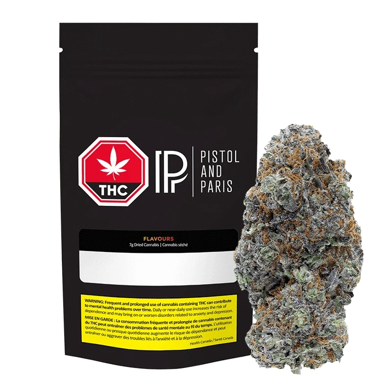 Front-facing black pouch and a dense frosted bud to its right, showing the 7 g Flavours Pistol and Paris packaging and cannabis.