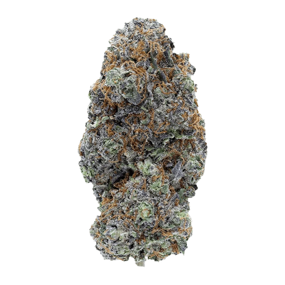 Close-up, top-down view of a frosty, purple-green Flavours cannabis bud with orange pistils and dense trichomes.