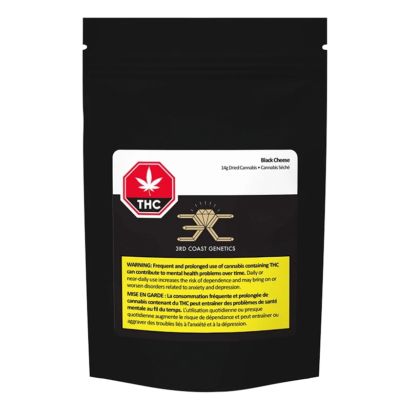 Front-facing pouch shot of Black Cheese showing a black resealable bag with a white label, red THC symbol, gold 3rd Coast Genetics logo, and a yellow warning panel.