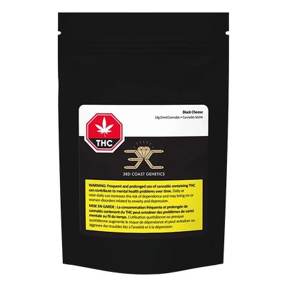 Front-facing pouch shot of Black Cheese showing a black resealable bag with a white label, red THC symbol, gold 3rd Coast Genetics logo, and a yellow warning panel.