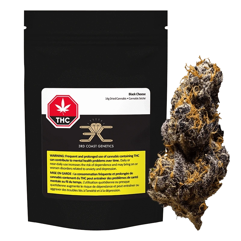Front view of the Black Cheese pouch and a close-up of a frosty dark purple bud against a white background.
