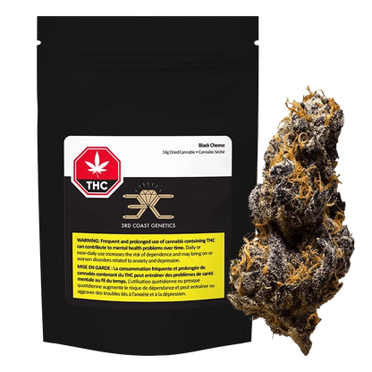 Front view of the Black Cheese pouch and a close-up of a frosty dark purple bud against a white background.