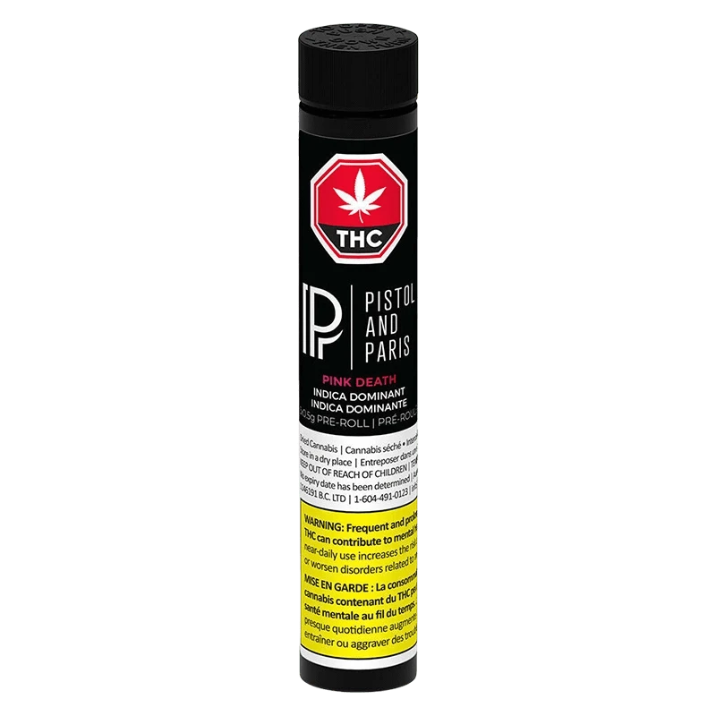 Tall front-facing black tube labeled "Pink Death PR 3 x 0.5 g" with a red THC stop sign logo and yellow warning panel.