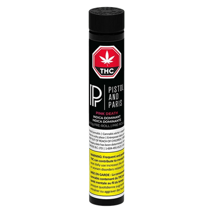 Tall front-facing black tube labeled "Pink Death PR 3 x 0.5 g" with a red THC stop sign logo and yellow warning panel.