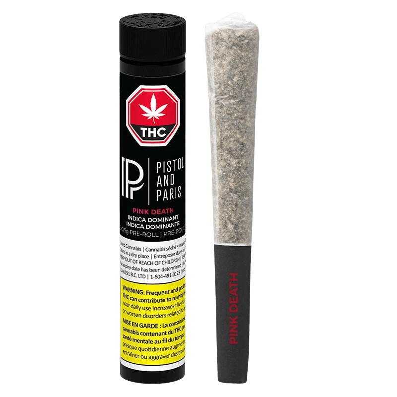 Vertical product shot showing a black tube and pre-roll side by side, labeled Pink Death PR 3 x 0.5 g on the tube and the pre-roll tip.