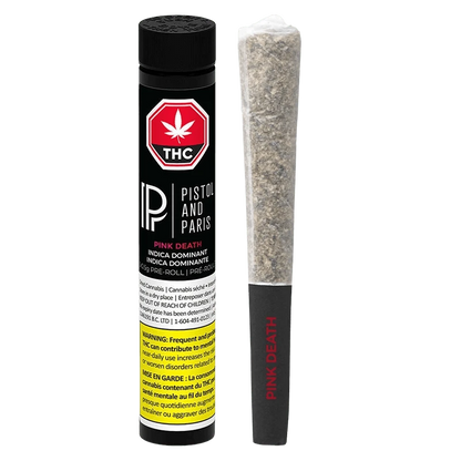 Vertical product shot showing a black tube and pre-roll side by side, labeled Pink Death PR 3 x 0.5 g on the tube and the pre-roll tip.
