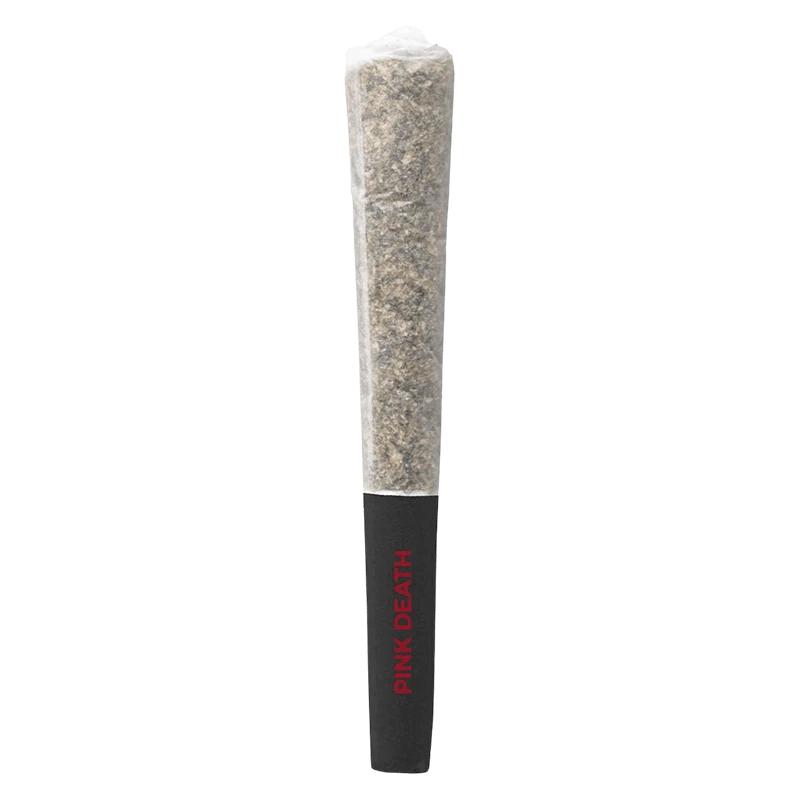 Center-aligned close-up of a rolled joint with a black tip stamped "PINK DEATH" reading vertically, labeled Pink Death PR 3 x 0.5 g.
