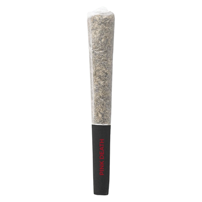 Center-aligned close-up of a rolled joint with a black tip stamped "PINK DEATH" reading vertically, labeled Pink Death PR 3 x 0.5 g.