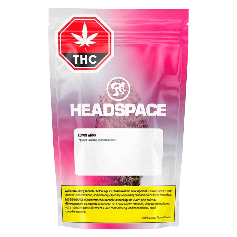 Front-facing shot of the pink-gradient Headspace Lemon Whips pouch with a visible THC octagon and product label.