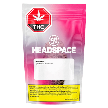 Front-facing shot of the pink-gradient Headspace Lemon Whips pouch with a visible THC octagon and product label.