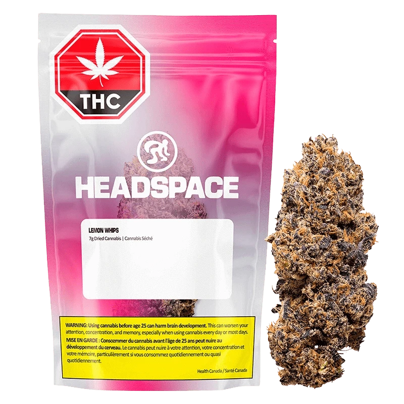 Front-facing pouch and loose bud shown side-by-side with a pink-to-white HEADSPACE Lemon Whips package bearing a red THC icon.