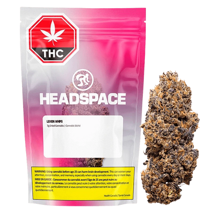 Front-facing pouch and loose bud shown side-by-side with a pink-to-white HEADSPACE Lemon Whips package bearing a red THC icon.