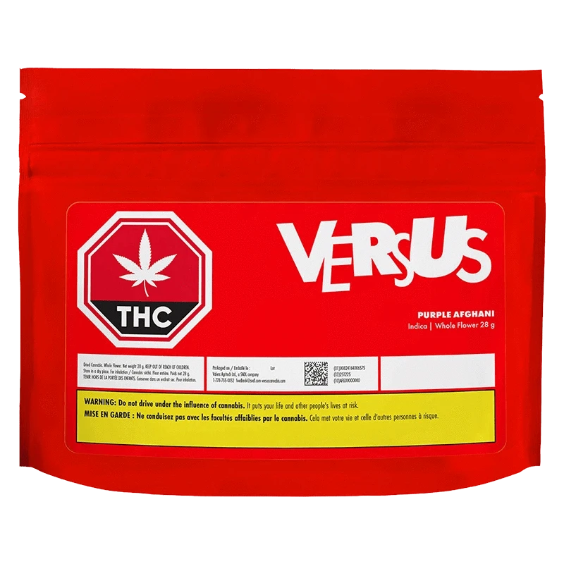 Front-facing shot of the red Versus Purple Afghani pouch with a large white VERSUS logo, THC symbol, and yellow warning strip.