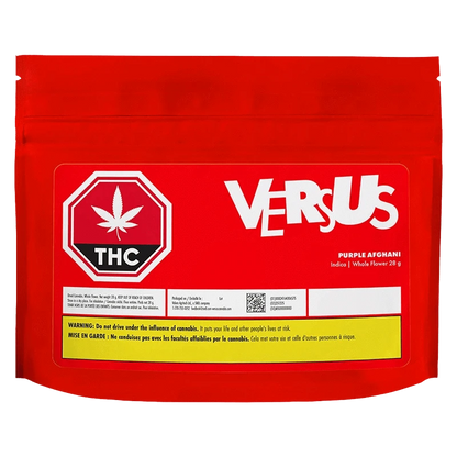 Front-facing shot of the red Versus Purple Afghani pouch with a large white VERSUS logo, THC symbol, and yellow warning strip.