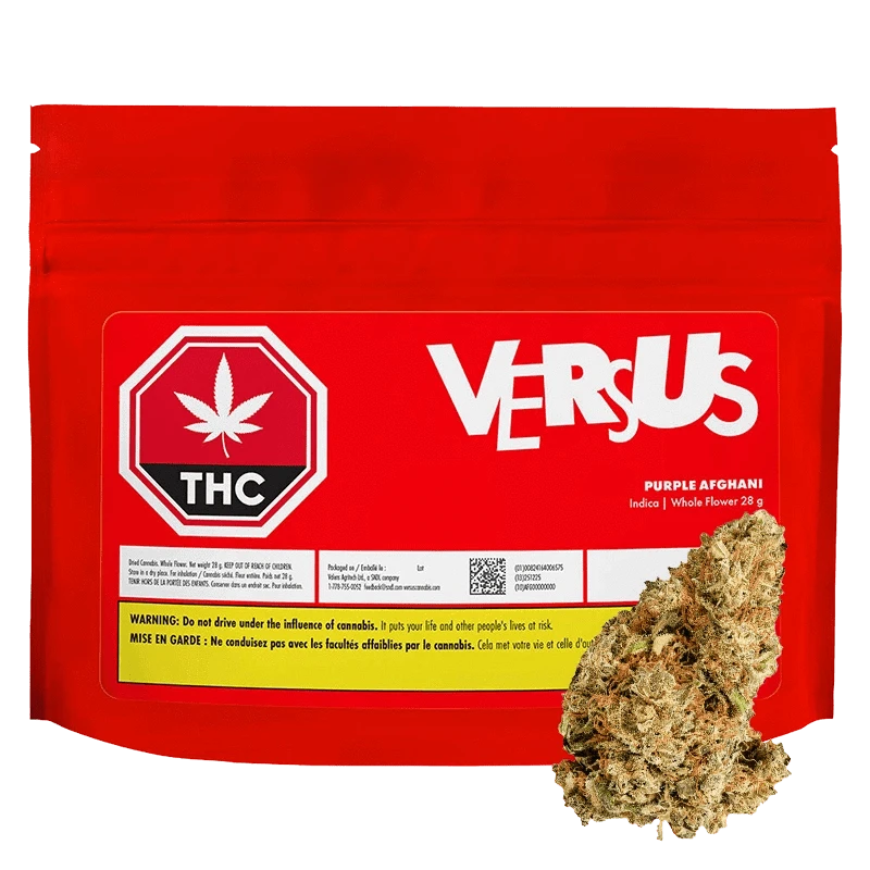 Front view of the red VERSUS Purple Afghani pouch with THC label and a cannabis bud pictured at the lower right.