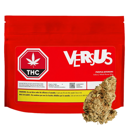 Front view of the red VERSUS Purple Afghani pouch with THC label and a cannabis bud pictured at the lower right.