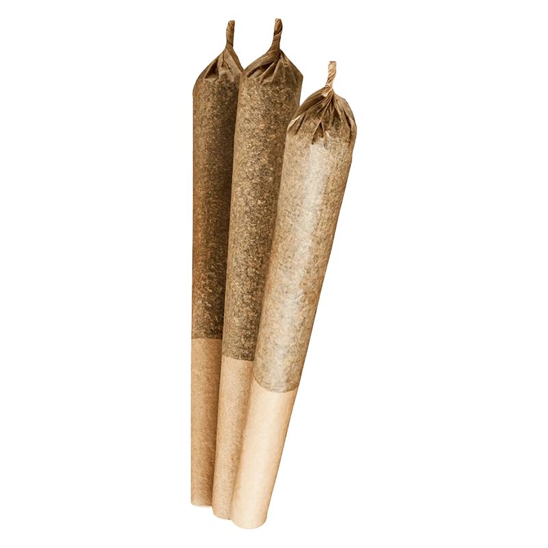 Three pre-rolled cones photographed upright on a white background for "Purple Afghani PR 3 x 0.5 g".