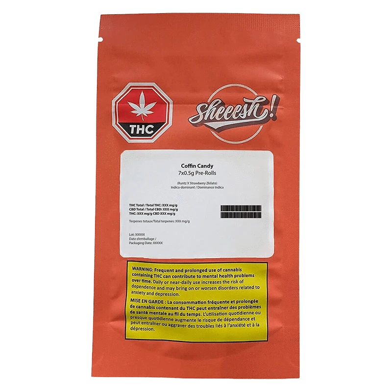 Straight-on view of the red pouch packaging labeled "Coffin Candy PR 7 x 0.5 g" with white product sticker, THC logo, and yellow warning box.