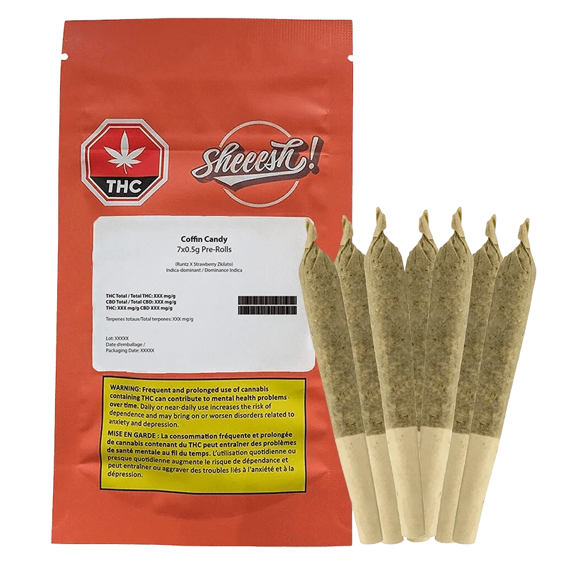Front-facing shot of a red pouch and seven cone pre-rolls arranged upright, labeled Coffin Candy PR 7 x 0.5 g.