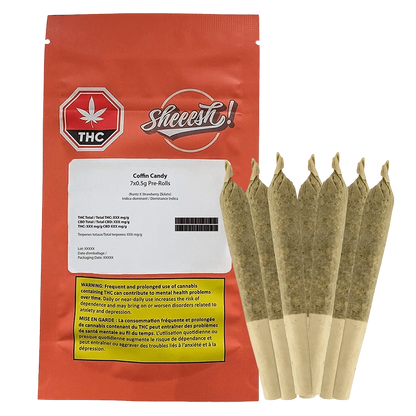 Front-facing shot of a red pouch and seven cone pre-rolls arranged upright, labeled Coffin Candy PR 7 x 0.5 g.