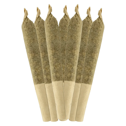 Centered front view of seven cone joints fanned upright, labeled Coffin Candy PR 7 x 0.5 g, on a plain transparent background.