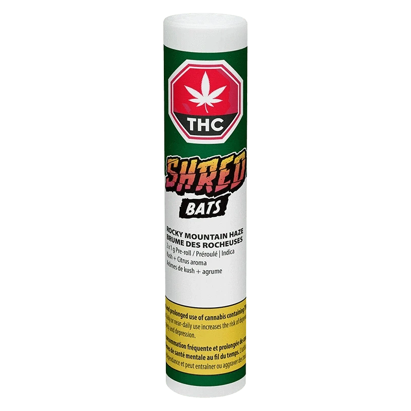 Tall front-facing tube labeled Rocky Mountain Haze Bats PR 2 x 1 g with green upper panel, red THC emblem, and bold "SHRED BATS" logo.