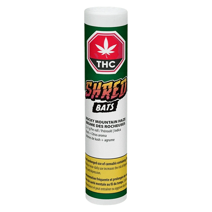 Tall front-facing tube labeled Rocky Mountain Haze Bats PR 2 x 1 g with green upper panel, red THC emblem, and bold "SHRED BATS" logo.