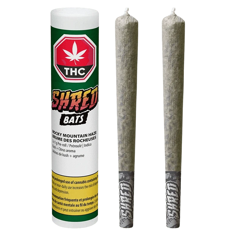 Front-facing shot of the Rocky Mountain Haze Bats PR 2 x 1 g tube with two pre-rolled joints standing upright against a white background.