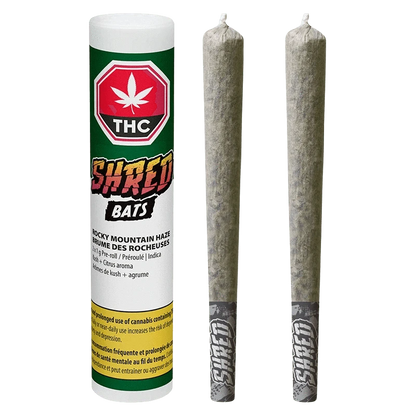 Front-facing shot of the Rocky Mountain Haze Bats PR 2 x 1 g tube with two pre-rolled joints standing upright against a white background.
