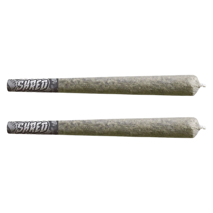 Top-down view of two rolled joints labeled "Rocky Mountain Haze Bats PR 2 x 1 g" with gray branded tips on a plain background.
