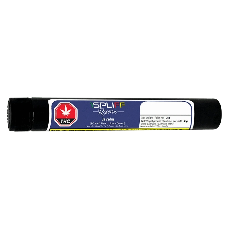 Horizontal studio shot of a black tube labeled "Javelin Premium Glass Tip PR 1 x 2 g" with a blue product label and a red THC symbol.