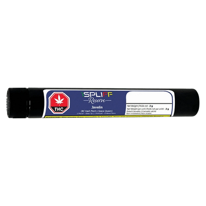 Horizontal studio shot of a black tube labeled "Javelin Premium Glass Tip PR 1 x 2 g" with a blue product label and a red THC symbol.