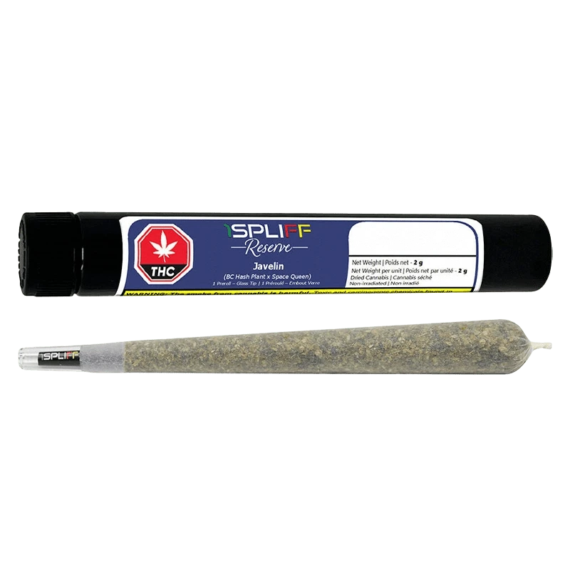 Side-on view of a rolled joint in front of a black tube labeled "Javelin Premium Glass Tip PR 1 x 2 g."