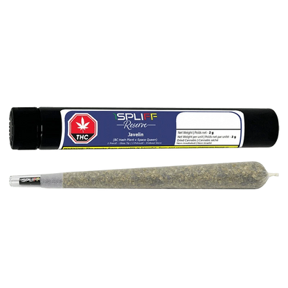 Side-on view of a rolled joint in front of a black tube labeled "Javelin Premium Glass Tip PR 1 x 2 g."