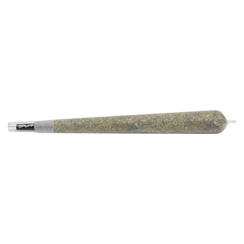 Side profile of a rolled Javelin Premium Glass Tip PR 1 x 2 g joint with a visible glass tip and packed herbal filler.