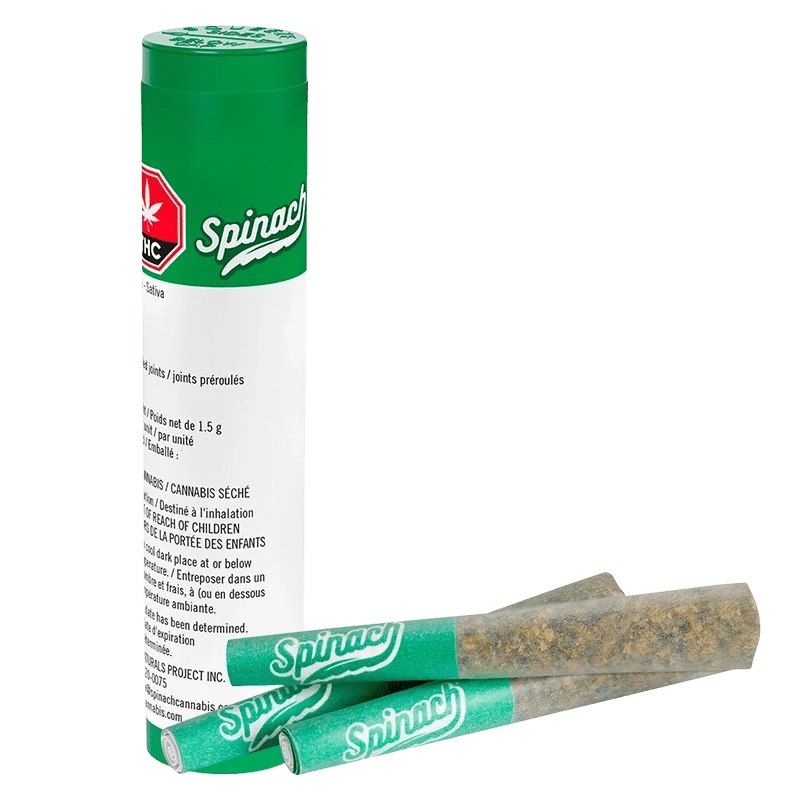 Angled front view of a green-and-white tube with two spinach-branded joints in front, labeled "Blue Thai PR 3 x 0.5 g".