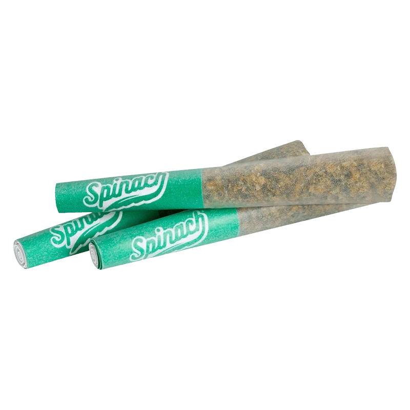 Three rolled prefilled joints with green "Blue Thai PR 3 x 0.5 g" branded tips shown in a staggered close-up on a white background, side view.
