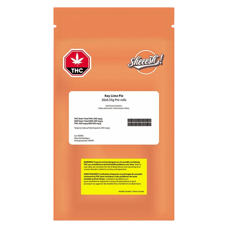 Center-view of an orange resealable pouch labeled "Key Lime Pie PR 20 x 0.35 g" with a white info panel, THC icon, and yellow warning box.