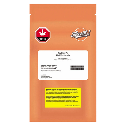 Center-view of an orange resealable pouch labeled "Key Lime Pie PR 20 x 0.35 g" with a white info panel, THC icon, and yellow warning box.