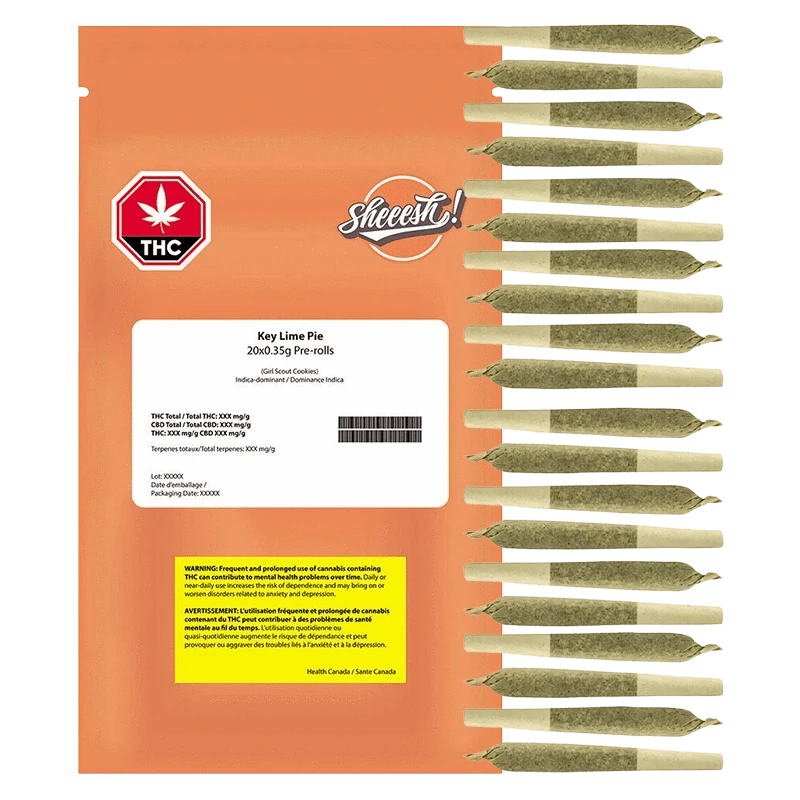 Top-down view of the orange Key Lime Pie PR 20 x 0.35 g pouch labeled "Sheeesh!" alongside a vertical row of pre-rolled joints.